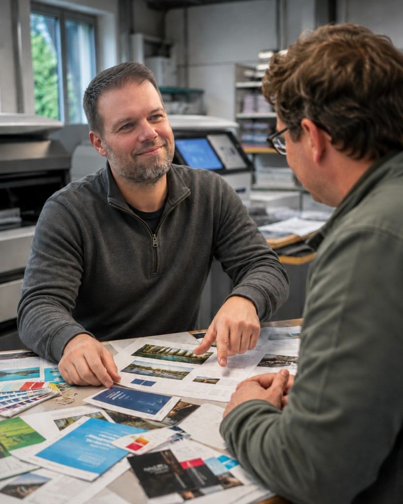 Zwei Männer besprechen Druckmaterialien