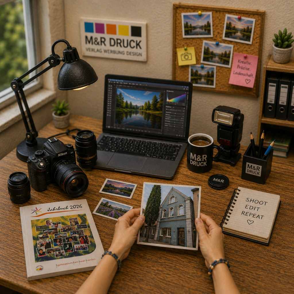 Schreibtisch mit Fotografie-Ausrüstung